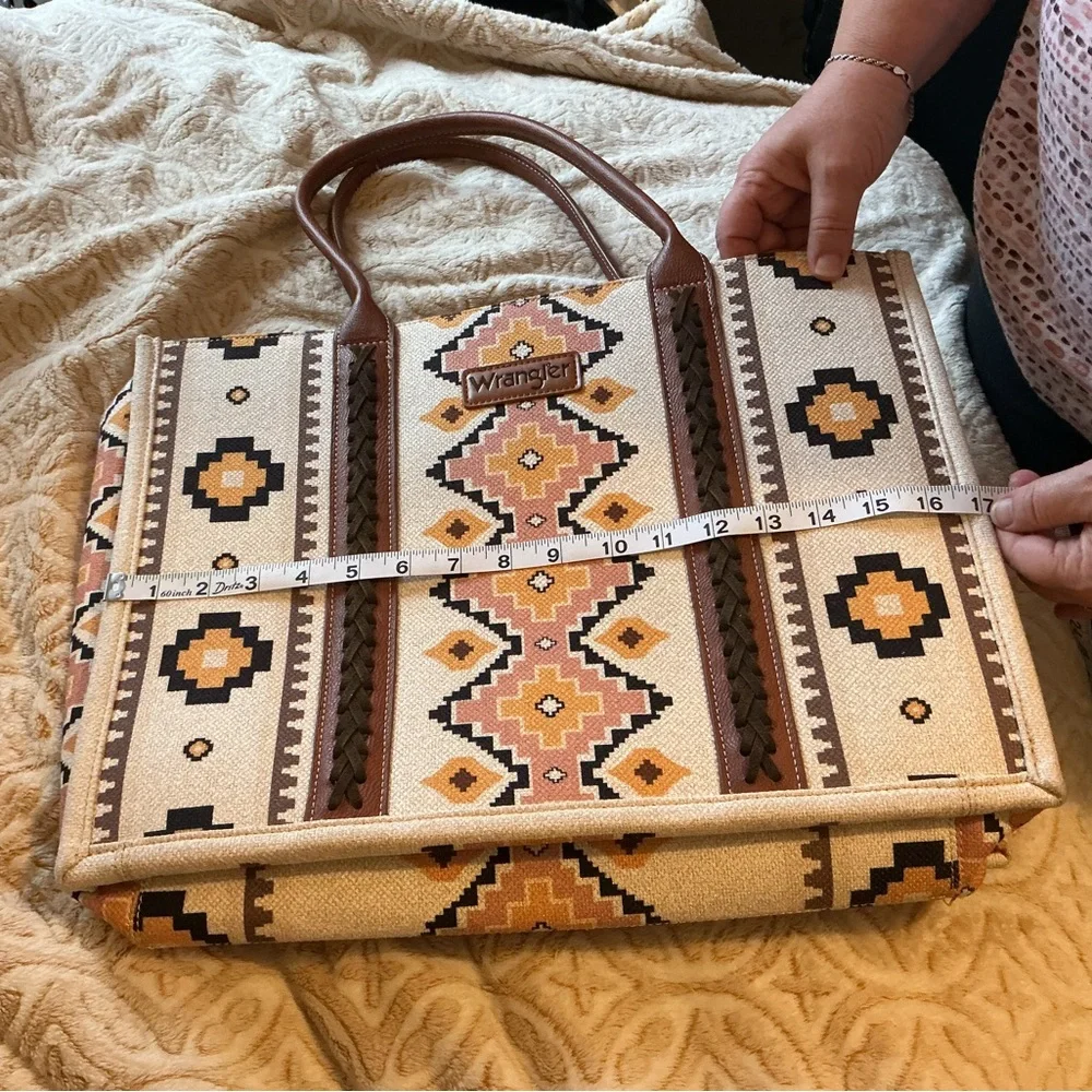 Wrangler Southwestern Aztec Print Tote Bag Cream Brown Faux Leather